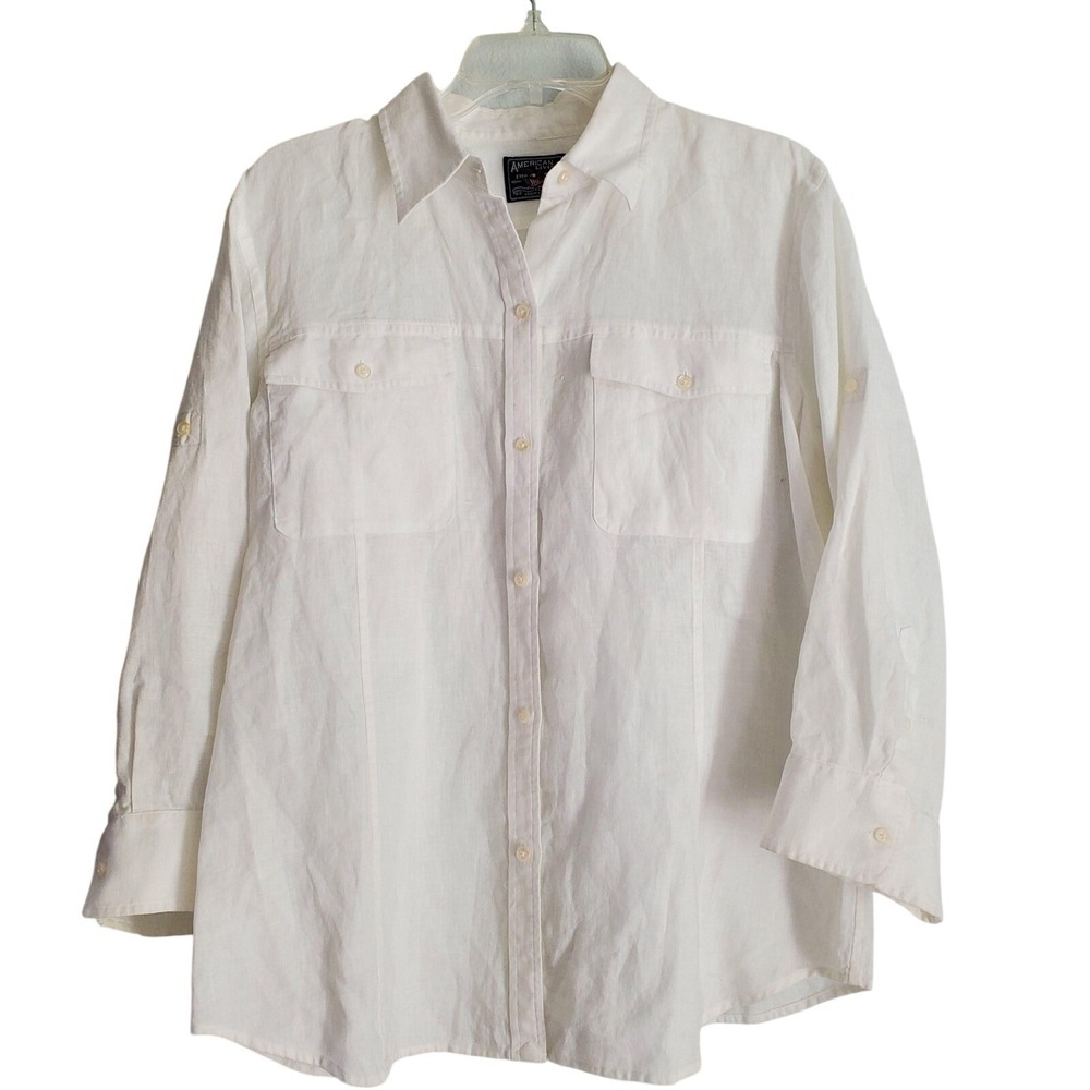 American Living Shirt Womens XL White Linen Button Front Roll Tab Casual Blouse‎
